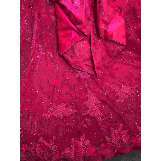 Mumuleo Fuchsia Quinceanera Ball Gown Floor-Length Modern Satin Chapel Train Lace Print Natural Waist Dresses for Teenagers 2026