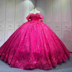 Mumuleo Fuchsia Quinceanera Ball Gown Floor-Length Modern Satin Chapel Train Lace Print Natural Waist Dresses for Teenagers 2026