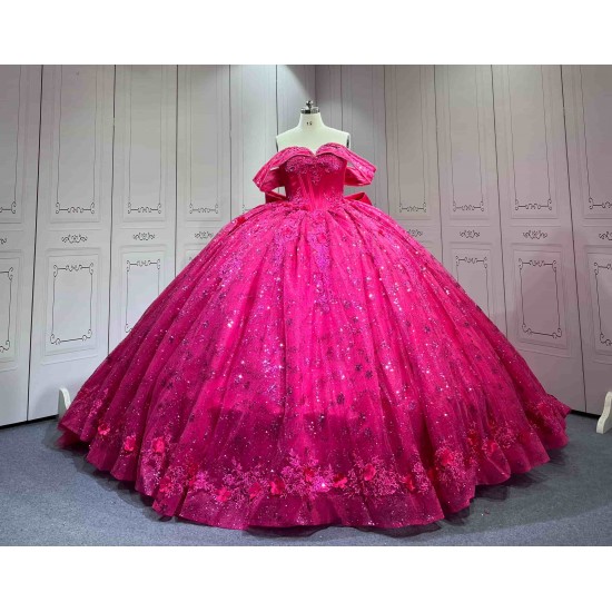 Mumuleo Fuchsia Quinceanera Ball Gown Floor-Length Modern Satin Chapel Train Lace Print Natural Waist Dresses for Teenagers 2026