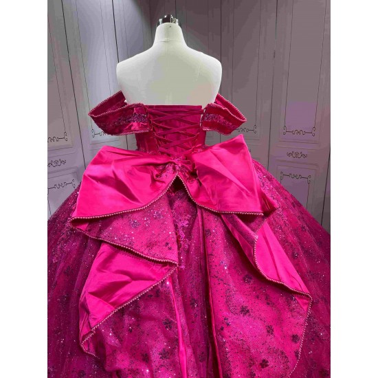 Mumuleo Fuchsia Quinceanera Ball Gown Floor-Length Modern Satin Chapel Train Lace Print Natural Waist Dresses for Teenagers 2026
