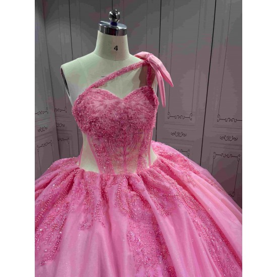 Mumuleo Pink Quinceanera Ball Gown Floor-Length Modern Satin Chapel Train Natural Waistline Knitted Dresses 2026
