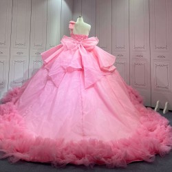 Mumuleo Pink Quinceanera Ball Gown Floor-Length Modern Satin Chapel Train Natural Waistline Knitted Dresses 2026