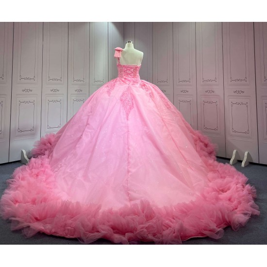 Mumuleo Pink Quinceanera Ball Gown Floor-Length Modern Satin Chapel Train Natural Waistline Knitted Dresses 2026