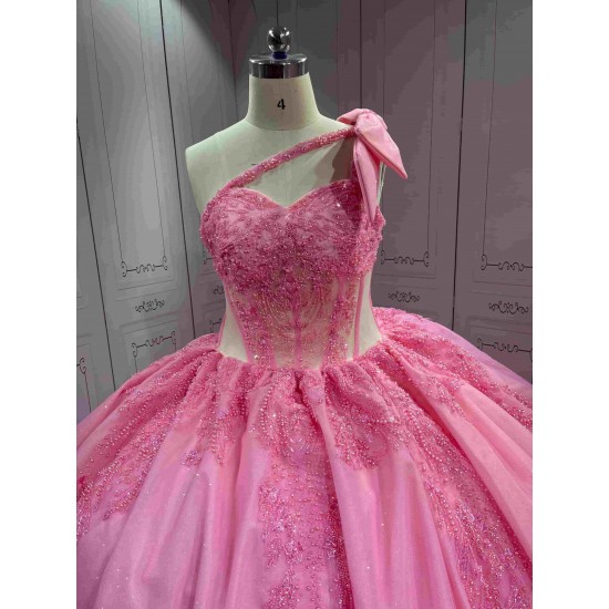 Mumuleo Pink Quinceanera Ball Gown Floor-Length Modern Satin Chapel Train Natural Waistline Knitted Dresses 2026