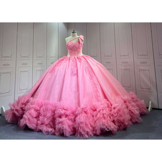 Mumuleo Pink Quinceanera Ball Gown Floor-Length Modern Satin Chapel Train Natural Waistline Knitted Dresses 2026