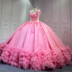 Mumuleo Pink Quinceanera Ball Gown Floor-Length Modern Satin Chapel Train Natural Waistline Knitted Dresses 2026