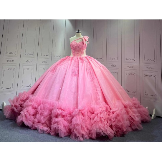 Mumuleo Pink Quinceanera Ball Gown Floor-Length Modern Satin Chapel Train Natural Waistline Knitted Dresses 2026