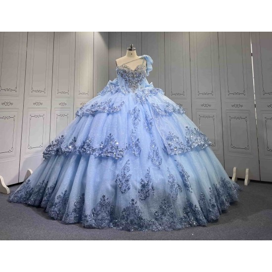 Mumuleo Sky Blue Quinceanera Ball Gown Floor-Length Dresses Chapel Modern Satin Lace Print Natural Waist for Teenagers 2026