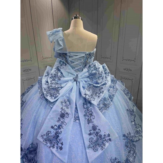 Mumuleo Sky Blue Quinceanera Ball Gown Floor-Length Dresses Chapel Modern Satin Lace Print Natural Waist for Teenagers 2026