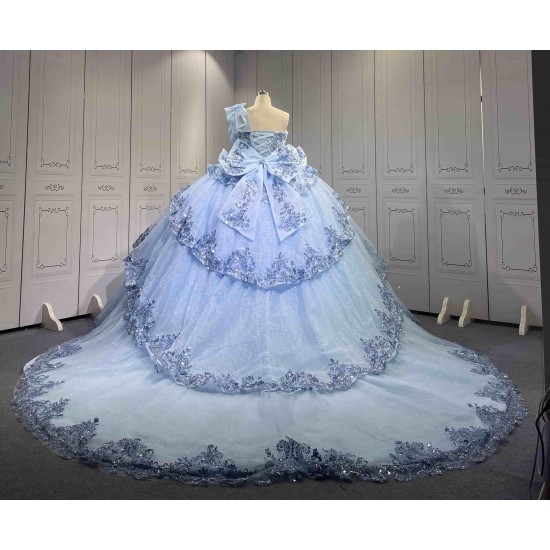 Mumuleo Sky Blue Quinceanera Ball Gown Floor-Length Dresses Chapel Modern Satin Lace Print Natural Waist for Teenagers 2026