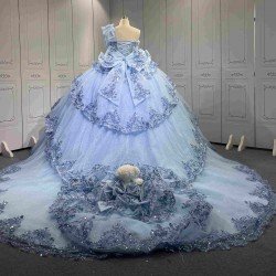 Mumuleo Sky Blue Quinceanera Ball Gown Floor-Length Dresses Chapel Modern Satin Lace Print Natural Waist for Teenagers 2026