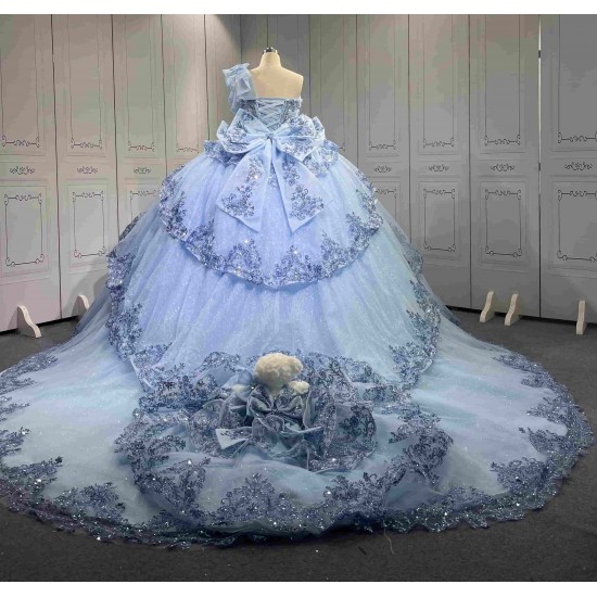 Mumuleo Sky Blue Quinceanera Ball Gown Floor-Length Dresses Chapel Modern Satin Lace Print Natural Waist for Teenagers 2026