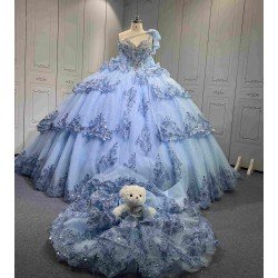 Mumuleo Sky Blue Quinceanera Ball Gown Floor-Length Dresses Chapel Modern Satin Lace Print Natural Waist for Teenagers 2026