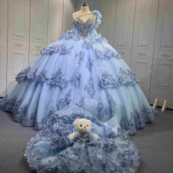 Mumuleo Sky Blue Quinceanera Ball Gown Floor-Length Dresses Chapel Modern Satin Lace Print Natural Waist for Teenagers 2026