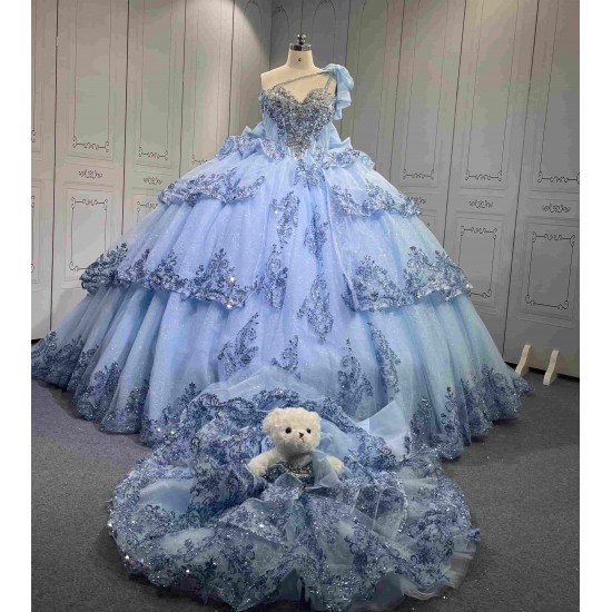 Mumuleo Sky Blue Quinceanera Ball Gown Floor-Length Dresses Chapel Modern Satin Lace Print Natural Waist for Teenagers 2026