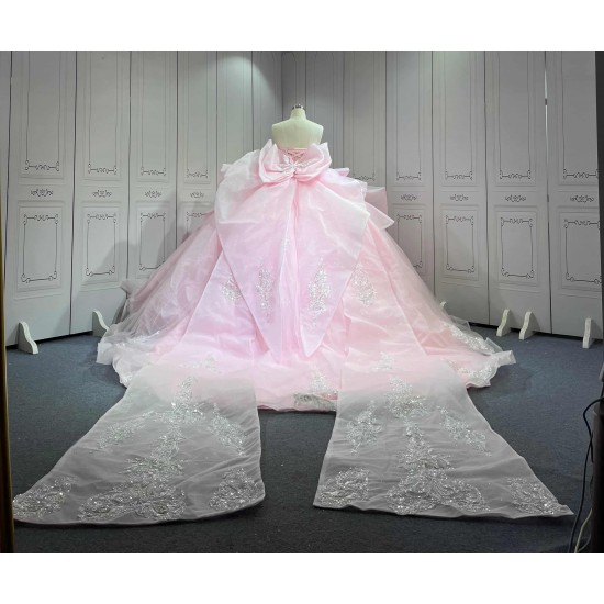 Mumuleo Princess Pink Quinceanera Floor-Length Ball Gown Chapel Train Modern Satin Print Knitted Dresses 2026