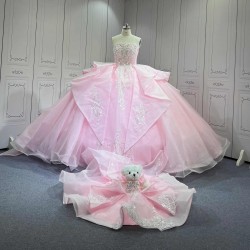 Mumuleo Princess Pink Quinceanera Floor-Length Ball Gown Chapel Train Modern Satin Print Knitted Dresses 2026