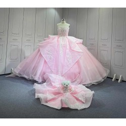 Mumuleo Princess Pink Quinceanera Floor-Length Ball Gown Chapel Train Modern Satin Print Knitted Dresses 2026