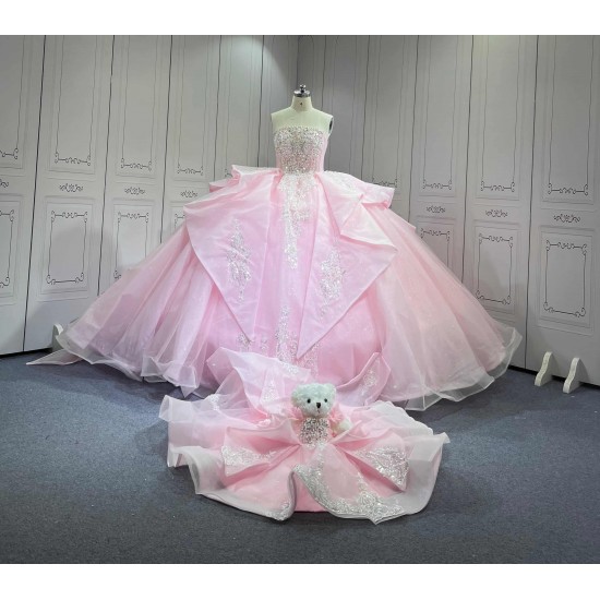 Mumuleo Princess Pink Quinceanera Floor-Length Ball Gown Chapel Train Modern Satin Print Knitted Dresses 2026