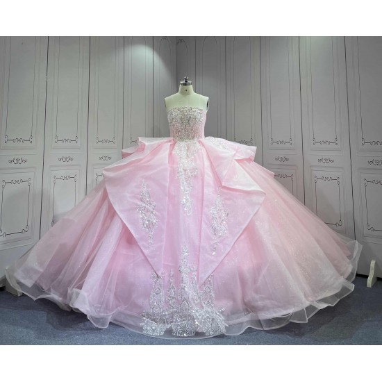 Mumuleo Princess Pink Quinceanera Floor-Length Ball Gown Chapel Train Modern Satin Print Knitted Dresses 2026