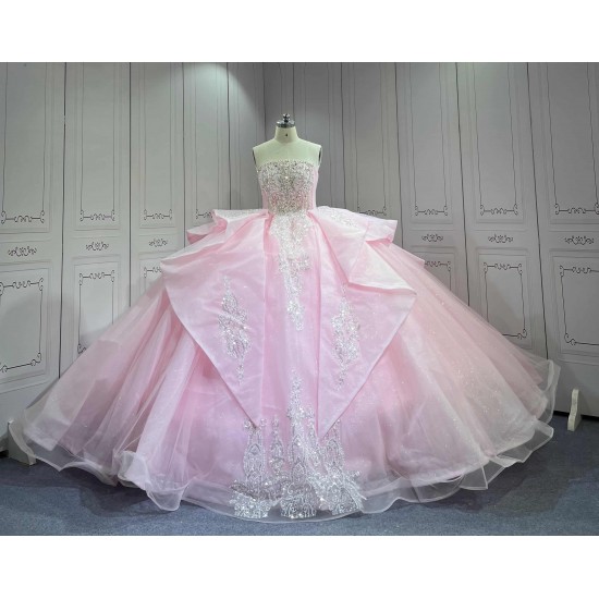 Mumuleo Princess Pink Quinceanera Floor-Length Ball Gown Chapel Train Modern Satin Print Knitted Dresses 2026