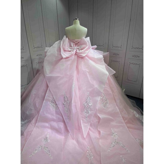 Mumuleo Princess Pink Quinceanera Floor-Length Ball Gown Chapel Train Modern Satin Print Knitted Dresses 2026