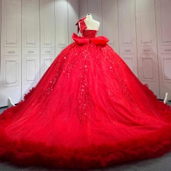 Mumuleo Bright Red Ball Gown Floor-Length Quinceanera Dresses with Chapel Train Modern Satin Lace Print for Teenagers 2026