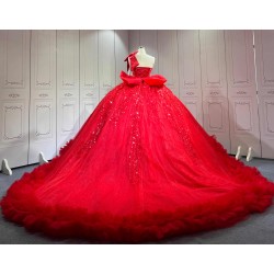 Mumuleo Bright Red Ball Gown Floor-Length Quinceanera Dresses with Chapel Train Modern Satin Lace Print for Teenagers 2026