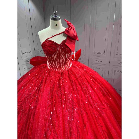 Mumuleo Bright Red Ball Gown Floor-Length Quinceanera Dresses with Chapel Train Modern Satin Lace Print for Teenagers 2026