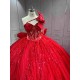 Mumuleo Bright Red Ball Gown Floor-Length Quinceanera Dresses with Chapel Train Modern Satin Lace Print for Teenagers 2026