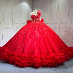 Mumuleo Bright Red Ball Gown Floor-Length Quinceanera Dresses with Chapel Train Modern Satin Lace Print for Teenagers 2026