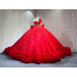 Mumuleo Bright Red Ball Gown Floor-Length Quinceanera Dresses with Chapel Train Modern Satin Lace Print for Teenagers 2026