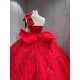 Mumuleo Bright Red Ball Gown Floor-Length Quinceanera Dresses with Chapel Train Modern Satin Lace Print for Teenagers 2026