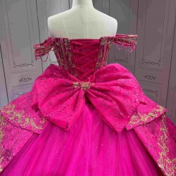 Mumuleo Fuchsia Quinceanera Ball Gown Floor-Length Modern Satin Lace Chapel Train Natural Waist Print Dresses 2026