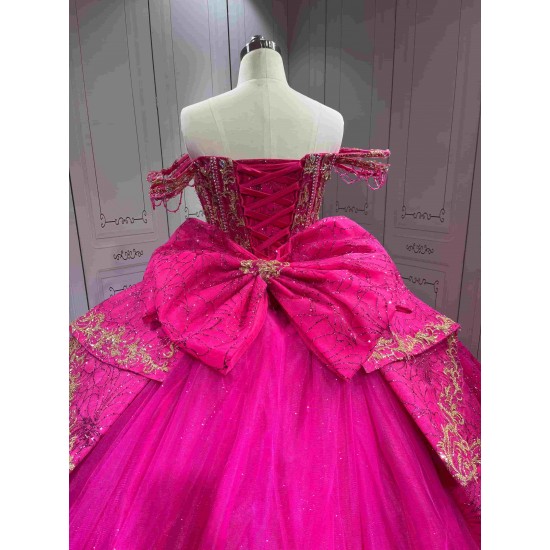 Mumuleo Fuchsia Quinceanera Ball Gown Floor-Length Modern Satin Lace Chapel Train Natural Waist Print Dresses 2026