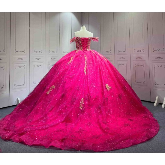 Mumuleo Fuchsia Quinceanera Ball Gown Floor-Length Modern Satin Lace Chapel Train Natural Waist Print Dresses 2026