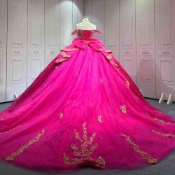 Mumuleo Fuchsia Quinceanera Ball Gown Floor-Length Modern Satin Lace Chapel Train Natural Waist Print Dresses 2026