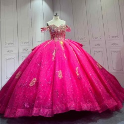 Mumuleo Fuchsia Quinceanera Ball Gown Floor-Length Modern Satin Lace Chapel Train Natural Waist Print Dresses 2026