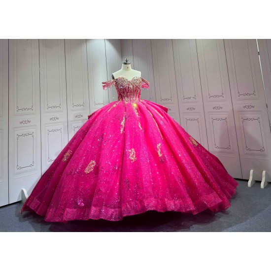 Mumuleo Fuchsia Quinceanera Ball Gown Floor-Length Modern Satin Lace Chapel Train Natural Waist Print Dresses 2026