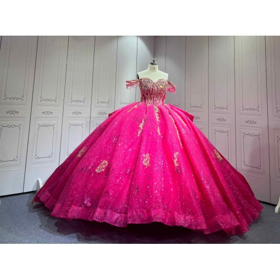 Mumuleo Fuchsia Quinceanera Ball Gown Floor-Length Modern Satin Lace Chapel Train Natural Waist Print Dresses 2026