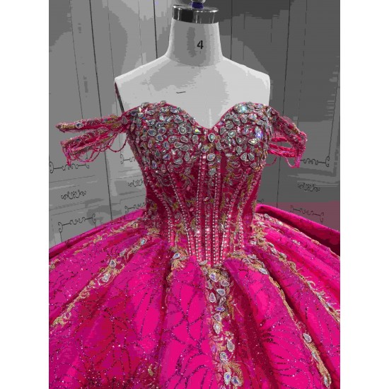 Mumuleo Fuchsia Quinceanera Ball Gown Floor-Length Modern Satin Lace Chapel Train Natural Waist Print Dresses 2026