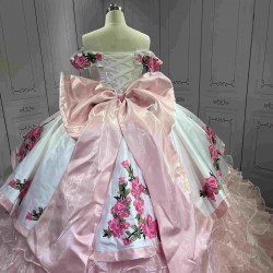 Mumuleo Light Pink Mexican Quinceanera Ball Gown Floor-Length Dresses with Chapel Train Modern Satin Knitted for Teenagers 2026