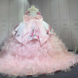 Mumuleo Light Pink Mexican Quinceanera Ball Gown Floor-Length Dresses with Chapel Train Modern Satin Knitted for Teenagers 2026