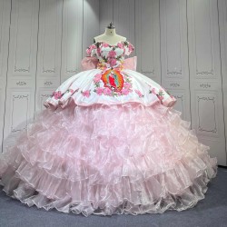 Mumuleo Light Pink Mexican Quinceanera Ball Gown Floor-Length Dresses with Chapel Train Modern Satin Knitted for Teenagers 2026