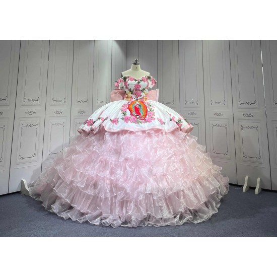 Mumuleo Light Pink Mexican Quinceanera Ball Gown Floor-Length Dresses with Chapel Train Modern Satin Knitted for Teenagers 2026