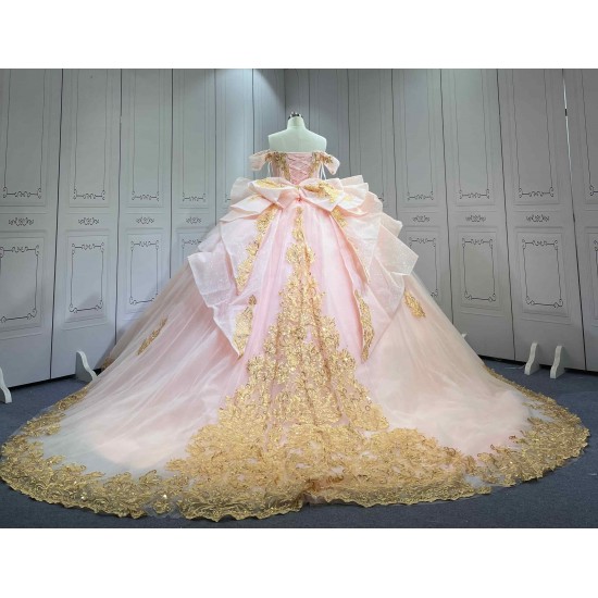 Mumuleo Blush Pink Quinceanera Ball Gown Floor-Length Chapel Train Modern Satin Lace Print Teenagers Dresses 2026
