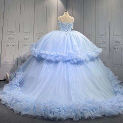 Mumuleo Sky Blue Modern Ball Gown Floor-Length Quinceanera Dresses with Satin Lace Chapel Train and Natural Waist 2026