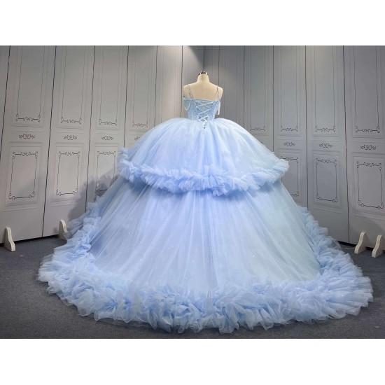 Mumuleo Sky Blue Modern Ball Gown Floor-Length Quinceanera Dresses with Satin Lace Chapel Train and Natural Waist 2026