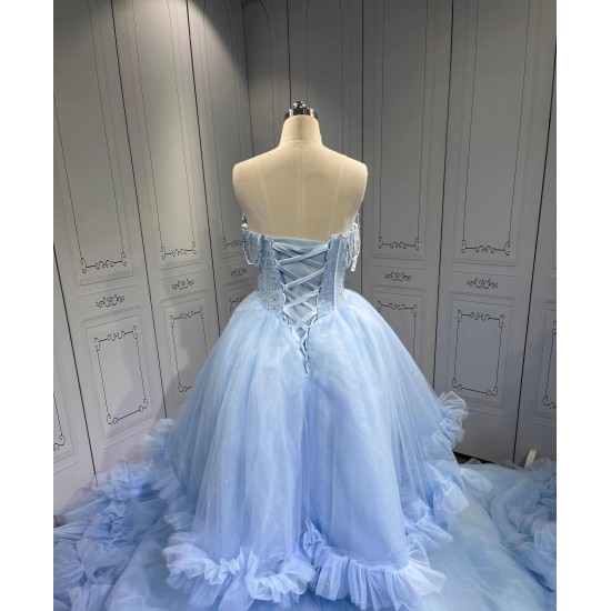 Mumuleo Sky Blue Modern Ball Gown Floor-Length Quinceanera Dresses with Satin Lace Chapel Train and Natural Waist 2026