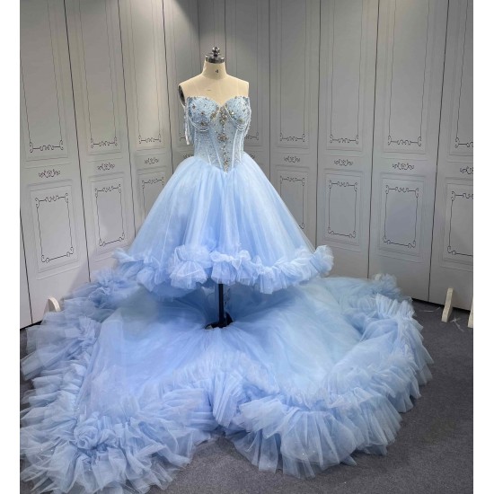 Mumuleo Sky Blue Modern Ball Gown Floor-Length Quinceanera Dresses with Satin Lace Chapel Train and Natural Waist 2026